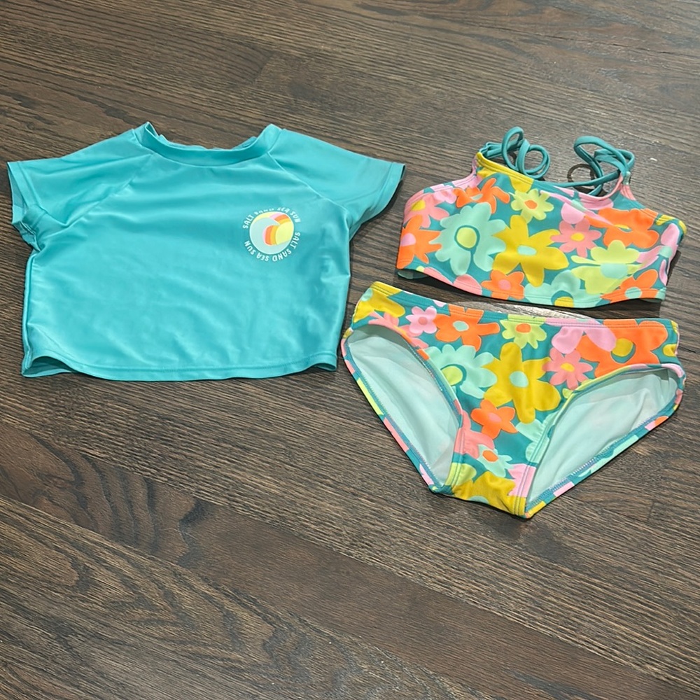 Cat & Jack Kids Bikini Swim Set - Floral and Teal sz M